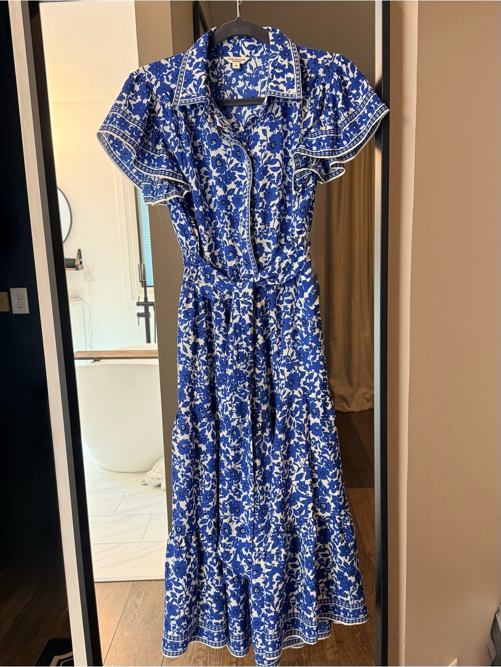 Max Studio Blue and White Floral Maxi Dress with Tie Waist